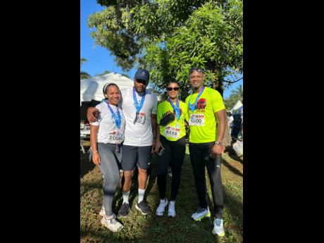 Supporting ‘Forever Jilly’ are (from left) Nicole McLaren-Campbell with her husband, Agent Sasco, and Alyshia Miller-Powell with her husband, Sub-10 king Asafa.