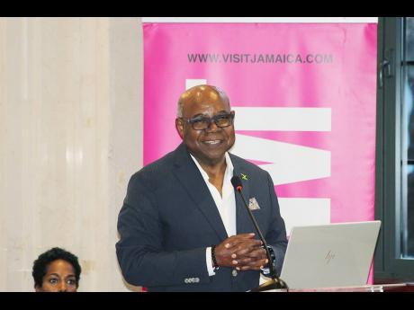 An upbeat Tourism Minister Edmund Bartlett addressing the media on day two of the Caribbean Hotel and Tourism Association’s 2024 Caribbean Travel Marketplace on Tuesday, May 21 at the Montego Bay Conference Centre.