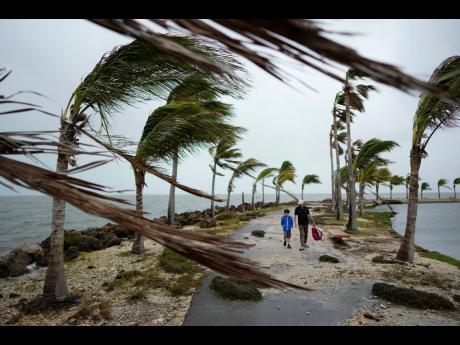 Bob Givehchi, right, and his son Daniel, 8, Toronto residents visiting Miami for the first time, walk past debris and palm trees blowing in gusty winds, at Matheson Hammock Park in Coral Gables, Fla, Dec 15, 2023. Nearly all the experts think 2024 will be 
