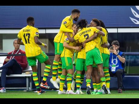 Jamaica’s Reggae Boyz celebrate a goal scored by Greg Leigh during their Concacaf Nations League semifinal against the United States at the AT&T Stadium in Texas in April.