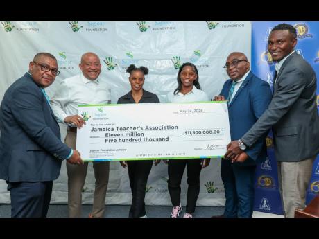 From left: Jamaica Teachers’ Association (JTA) Liaison Officer Colin Spence; Chief Revenue Officer of Insurance, Sagicor Life Jamaica and Director at Sagicor Foundation, Mark Chisholm; World Under-20  sprint relay record holders and newly minted brand am