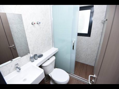 This model comes equipped with a full bathroom, including a standing shower and access for a water heater.