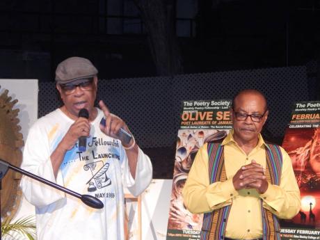 Tomlin Ellis (left) and Malachi Smith, two of the original members of Poets in Unity, the precursor of the Poetry Society of Jamaica, at the EMCVPA recently.