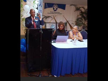 Senator Aubyn Hill, minister of industry, investment and commerce, preparing to address the Small Business Association of Jamaica’s (SBAJ) business social, held on Friday, May 31. To his left are Dennise Williams, vice-chair of the membership committee o