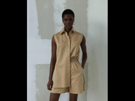 From left:
The SAINT International star – pictured here in an ensemble of a sleeveless cotton poplin shirt and cropped shorts – was photographed by Dionisis Andrianopoulous and styled by Notis Sak for the collection lookbook.An eco-print flower silk dr