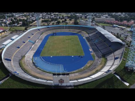 This 2021 photo of the National Stadium shows the resurfacing work the track being undertaken.