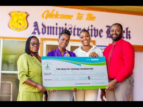 Mrs Boyd-Cunningham (left), vice principal, Ascot High; Jaunel McFarlane (second left), recipient of the Future Leaders Scholarship; Nichelle Nembhard and Shannell Talbert (right), principal, Ascot High, take a moment to pose for the camera.