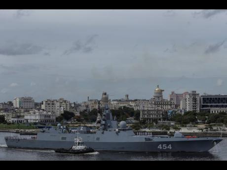 The Russian Navy’s Admiral Gorshkov frigate leaves the port of Havana, Cuba, yesterday. 