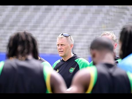 Reggae Boyz head coach Heimir Hallgrimsson grills his charges during a training session at the National Stadium recently.