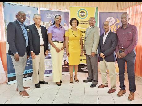  From left: Harold Clayton (NCU Alumni Federation), Anthony Freckleton (Manchester Parish Development Committee), Shamara Cohen-McCatty (SDC), Simone Spence-Johnson (Manchester Chamber of Commerce), Dr Lincoln Edwards and Danieto Murray (NCU),  and Uton Ba