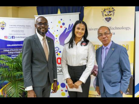 Following the University of Technology’s STEM Summer Camp’s launch event on Tuesday, (from left) Oral Heaven, president, Montego Bay Chamber of Commerce; Lauri-Ann Samuels, executive director, National Baking Company Foundation and Dr Horace Chang, dep