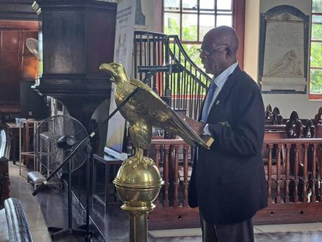  Harris Daley, the president of the Association of Past Members of the Jamaica Constabulary Force’s Chapter One division, addresses the organisation’s 30th anniversary church service at the St James Parish Church in Montego Bay on Sunday.