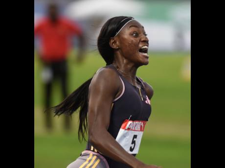 Ackera Nugent screams at the realisation she is Jamaica’s national champion over the 100-metre hurdles and headed to the Paris Olympics.