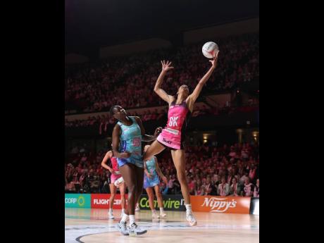 Shamera Sterling-HUmphrey (right) in action for the Adelaide Thunderbirds.