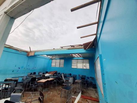 A classroom with the roof completely blown off during the passage of Hurricane Beryl on Wednesday.