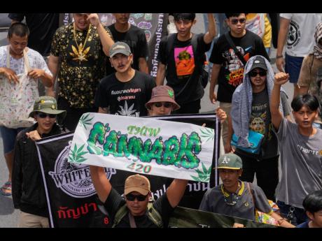 Cannabis activists and entrepreneurs march to Government House in Bangkok, Thailand, Monday, July 8, 2024 to protest a possible ban on general use.