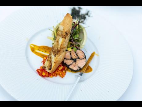 Sous vide salmon terrine in a spicy chocolate cup, sweet onion, parsley, gastric crayfish dust and salmon roe salad prepared by Mark Cole, executive chef, The Jamaica Pegasus hotel.