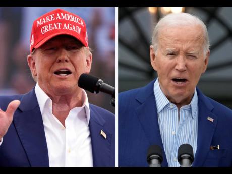 Former President Donald Trump, left, speaks at a campaign rally in Las Vegas, June 9 and President Joe Biden speaks at White House in Washington, June 4.