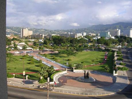 
An aerial view of Emancipation Park and Kingston skyline in the background.