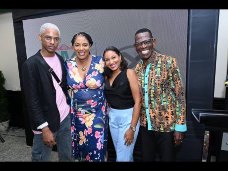 Miss Jamaica World and Mr World Jamaica franchise holders Dahlia Harris (second left) and Weston Haughton (right), pose with Fashion Designer Lucien Harrison (left) and Dr Zoe Arscott, owner of eMed Spa, at the 2024 launch of the Miss Jamaica World and Mr 