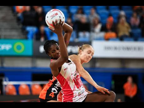 
Latanya Wilson (left) in action for the Adelaide Thunderbirds during the Suncorp Super Netball League regular season this year.