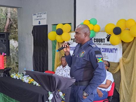 Inspector Junior Beckford, the commanding officer in charge of the Mt Salem Police Station in St James, delivers the keynote address at the installation ceremony for the Cornwall Court Citizens’ Association’s 2024 – 2026 executive body at the Cornwal