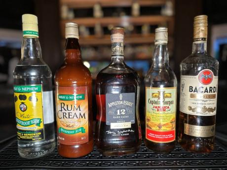 From left:  Wray & Nephew White Overproof, Wray & Nephew Rum Cream, Appleton Estate 12 Year Old Rare Casks, Captain Morgan Jamaica Rum, and Bacardi Gold were the five rums and liqueurs used for the rum-tasting session.  