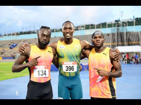 National 110m hurdles champion Rasheed Broadbell (left), Hansle Parchment (centre) and Orlando Bennett. 