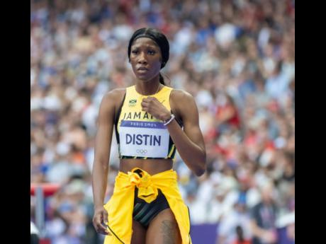 Lamara Distin competing in the women’s high jump qualifiers at the Stade de France in Paris, France, yesterday. 