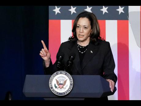 US Vice President Kamala Harris speaks at a campaign event, July 17, in Kalamazoo, Michigan. 