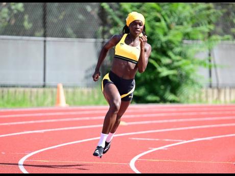 
Junelle Bromfield gets ready during a Team Jamaica training session at Complexe sportif de l’île des Vannes in Paris, France, on July 30.