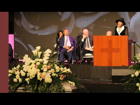 Jamaica’s Ambassador to the United States Audrey Marks pays tribute to former congresswoman Sheila Jackson-Lee during her service of thanksgiving at the Fallbrook Church in Houston Texas on August 1. Sharing the podium, from left is civil rights leader J