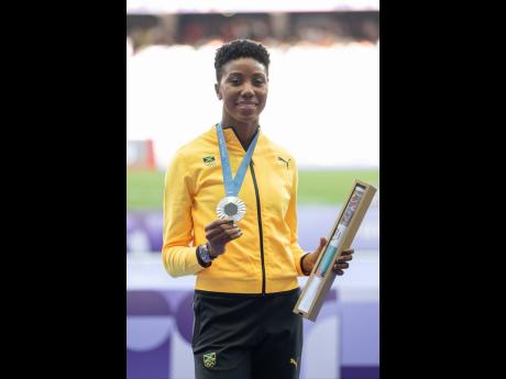 Silver medallist in the women’s triple jump at the 2024 Olympic Games, Jamaica’s Shanieka Ricketts, displays her medal at the Stade de France in Paris on Sunday, August 4. 