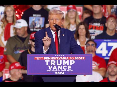 Republican presidential nominee former President Donald Trump speaks at a campaign rally at the Mohegan Sun Arena at Casey Plaza in Wilkes-Barre, Pennsylvania.