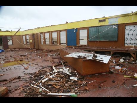 Inside a roofless classroom on the grades five and six block at the Bull Savannah Primary School in St Elizabeth.