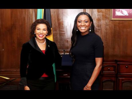 Jamaica’s Ambassador to the United States Audrey Marks shares a light moment with Jamaica-born Dr Tashni-Ann Dubroy, who was recently appointed as the board chair of the National Association of College and University Business Officers (NACUBO). Dr Dubroy