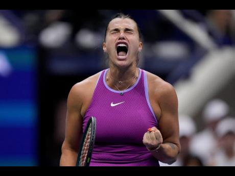 
Aryna Sabalenka of Belarus reacts during her US Open final against Jessica Pegula of the United States yesterday.