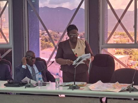 Sherika Lewis, acting chief public health inspector for St James, addresses the monthly meeting of the St James Municipal Corporation on Thursday. Also pictured is Lennox Wallace, the parish manager for the St James Health Services.