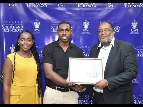 BOOST Fellow, Clayton Mitchell (centre), with Dr Tashane Haynes-Brown (left), lecturer and coordinator of the bachelor of education programme, School of Education, Faculty of Humanities and Education, and Professor Michael Taylor, dean, Faculty of Science 