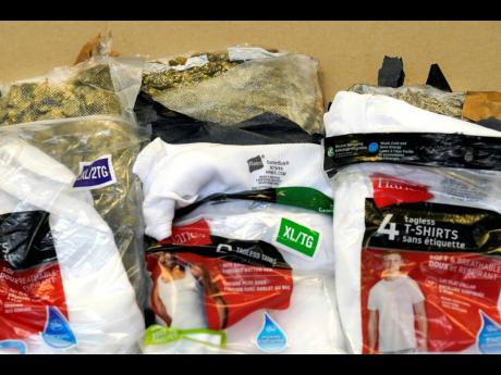 Marijuana hidden in underwear packaging is shown at the US Customs and Border Protection overseas mail inspection facility at Chicago’s O’Hare International Airport on February 23, 2024.