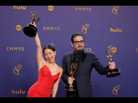 Anna Sawai, winner of the award for Outstanding Lead Actress in a Drama Series for ‘Shogun’, and Hiroyuki Sanada, winner of the awards for Outstanding Lead Actor in a Drama Series, and Outstanding Drama Series for ‘Shogun’, pose in the press room d