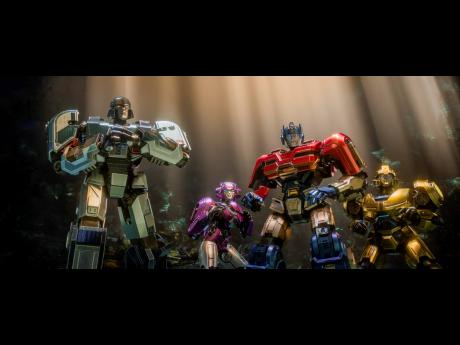 This image, released by Paramount Pictures, shows characters (from left): D-16/Megatron, voiced by Brian Tyree Henry; Elita-1, voiced by Scarlett Johansson; Orion Pax/Optimus Prime, voiced by Chris Hemsworth; and B-127, voiced by Keegan-Michael Key, in a s