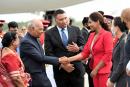 Prime Minister Andrew Holness (centre) introduces Ram Nath Kovind, president of India, and his wife, Savita, to Opposition Spokesperson on Foreign Affairs Lisa Hanna at the Norman Manley International Airport on Sunday. To Hanna’s left are Foreign Minist