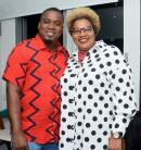 There was no zig-zagging around the vibrancy of the outfits of Dominic Shaw (left), director, Montego Bay Chamber of Commerce and Industry, and Suzette Brown, coordinator, Jamaica International Beauty Expo.